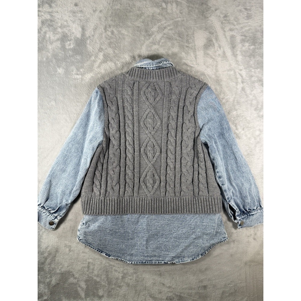 Altar'd State Layered Sweater Denim Shirt Women's Medium Cable Knit 2 Fer Top - Picture 9 of 10